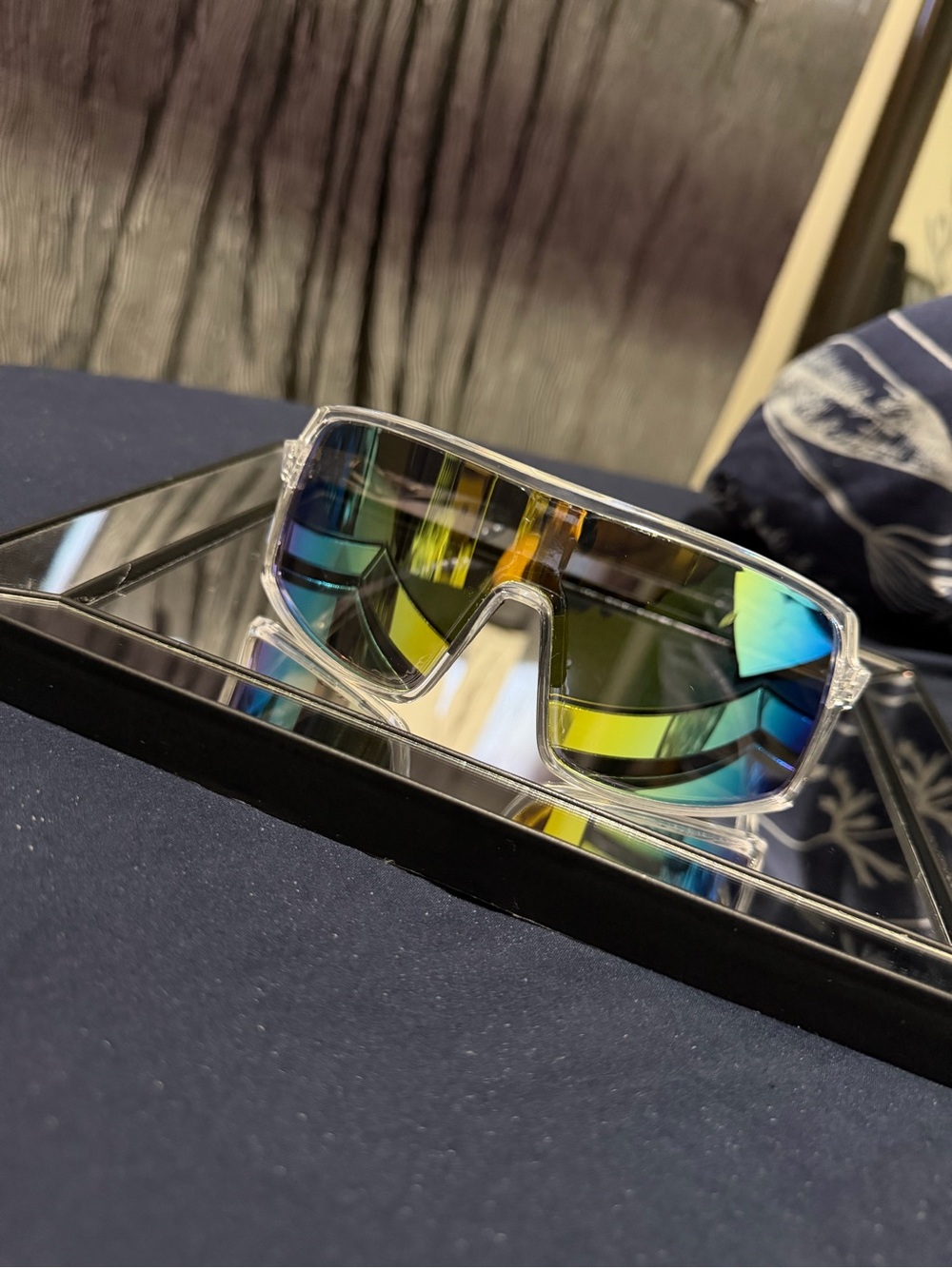Men's Clear Shield Sunglasses with Blue-Green Mirrored Lens